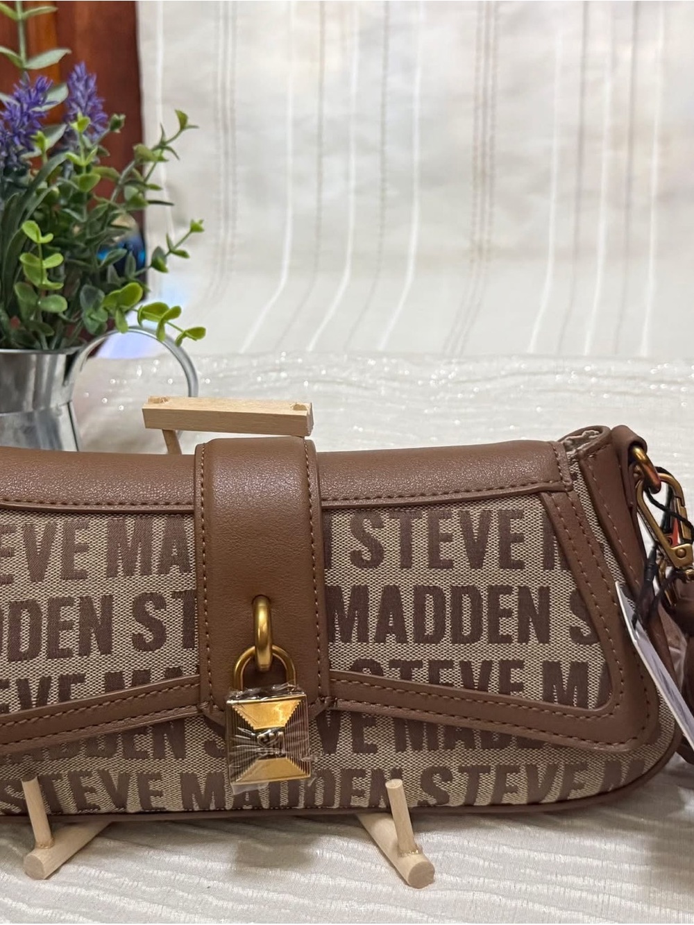Steve Madden Brown Logo Jacquard Shoulder Bag with Gold Accent